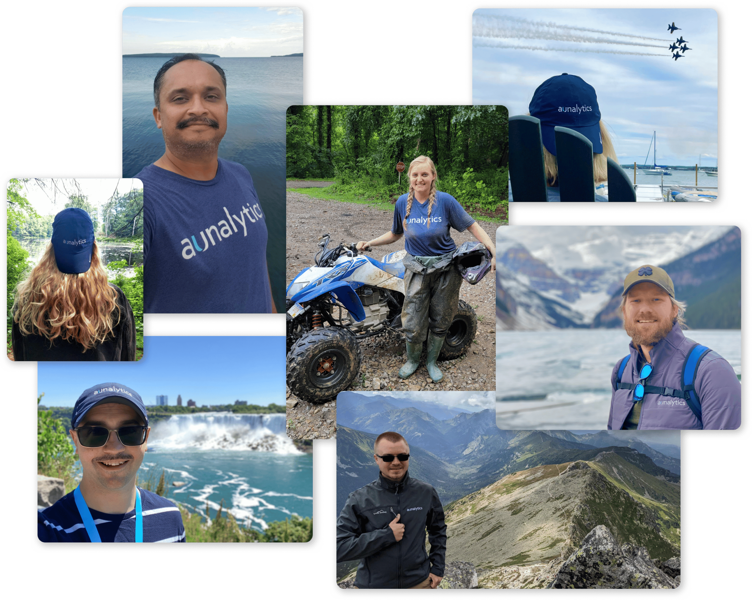 Aunalytics team members sporting logo gear in exotic locations